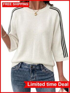 Oversized Cropped 3/4 Sleeve Knit Sweater Pullover Women Fall Top